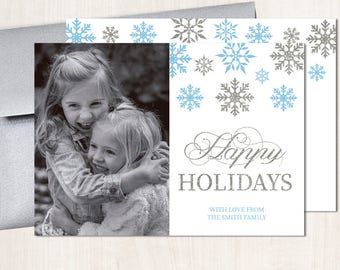 Christmas Cards, Holiday Photo Cards, Winter Holiday Cards, Snowflakes - Printed or Printable File Free Shipping ISE0027