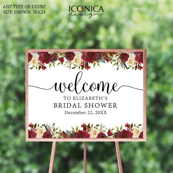 Boho Chic Bridal Shower Welcome Sign Burgundy Red Floral and Navy Feathers Sign Printed Boho Chic Welcome Sign {Cherish Collection} Il_570xn