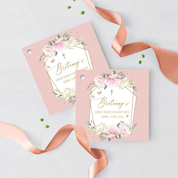 First Communion Favor Tags Printed Personalized, Floral Pink and Butterflies Tags,Any text or type of event, Pink Gold Thank you Tags Il_570xn
