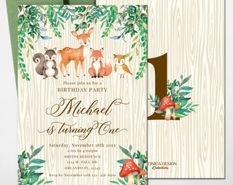 Woodland 1st Birthday Invitation, Forest Animals Birthday invitations, First birthday invitation, Rustic Woodland invite, Deer Invitation