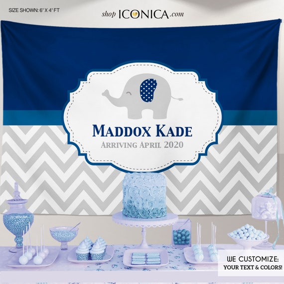 Baby Shower Party Backdrop - Little Peanut Blue Gray Chevron - Elephant Baby Shower Banner - Any Wording - Printed or Printable File BBS0056 Il_570xn
