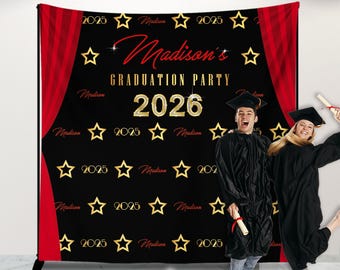 May include: A black graduation party backdrop featuring red side curtains, gold star patterns, the text Madison's GRADUATION PARTY, and the year 2026 in gold. The banner includes the text 2025 and Madison repeatedly. The size shown is 8x8 ft.