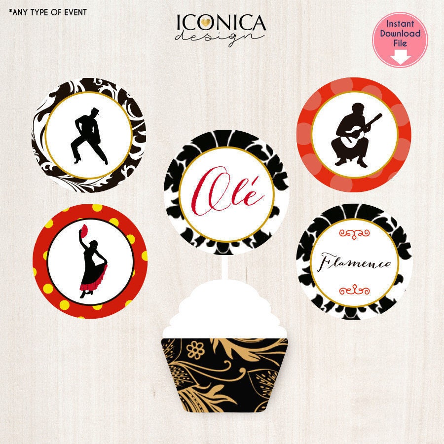 Flamenco Cupcake Toppers Flamenco Themed Spanish Themed Party Etsy
