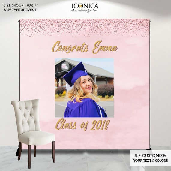 Graduation Party Photo Booth Backdrop, Virtual Graduation Step and Repeat, Congrats Grad, Pink Watercolor Printed Or Printable File BGR0020 Il_570xn