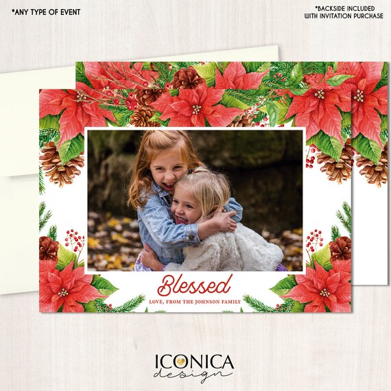 Holiday Photo Cards, Floral Poinsettia Cards "BLESSED" Festive Photo Cards, Printed Or Printable File, Free Shipping ISE0035 Il_570xn