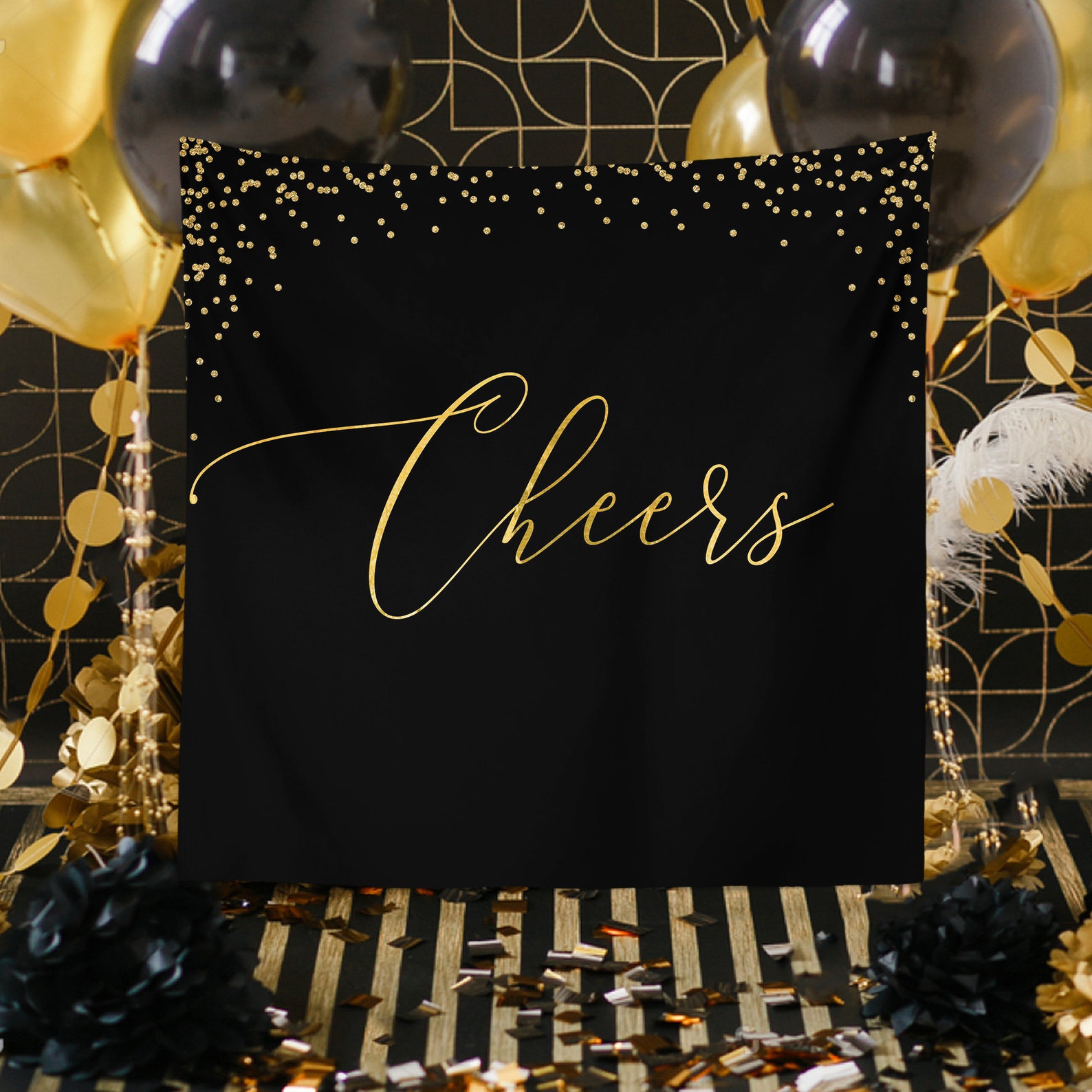 Gold Glitter Christmas Tree Black Party Backdrop Kit