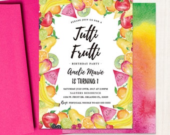 Tutti Frutti Birthday Invitation, Watercolor Fruit Party (Printed OR Printable File)