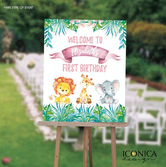 Safari First Birthday Welcome Sign , Jungle Safari 1st Birthday Sign, Girl Safari First Birthday Sign, Any Age, Printed Or Digital File Il_570xn