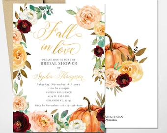 May include: Fall in love bridal shower invitation with a watercolor design featuring pumpkins, flowers, and leaves in shades of orange, yellow, red, and white. The text reads "Fall in love" and "Please join us for the bridal shower of Sophia Thompson".
