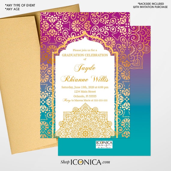 Moroccan Invitation Bollywood Invitation Arabian Invitation Indian Invitation Bollywood Graduation Invitation Printed Cards Printable File By Iconica Design Catch My Party
