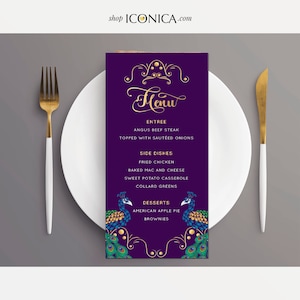 Peacock Menu Card 9.25 x 4 Printed Menus, Peacock Wedding Stationery,Peacock Wedding Decorations, Peacock Wedding Cards {Annette Collection}