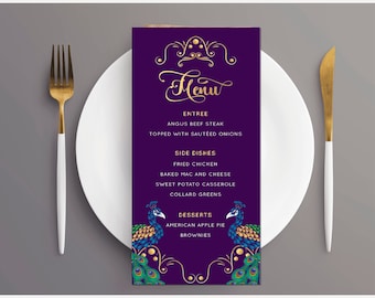 Peacock Wedding Menu Card, Printed Stationery (9.25 x 4)