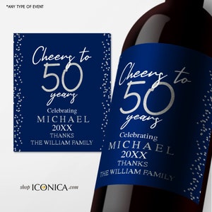 50th Birthday Wine Label Personalized "Cheers to 50 years" Any Age Milestone Birthday Beverage Labels Beer or Champagne labels