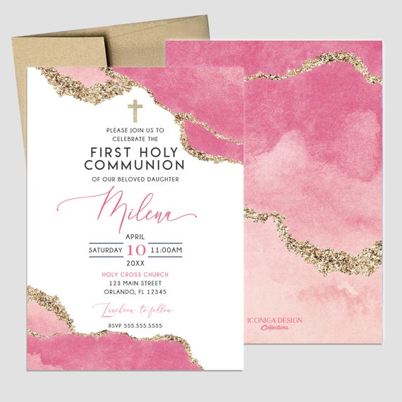 First Communion Invitation Girl or Boy Geode Elegant Invitations,Pink Watercolor Geode Invitation,Any Religious Event,More colors available Il_570xn