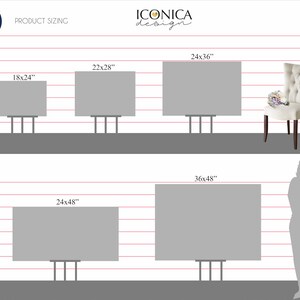 May include: Image showing product sizing options: 18x24", 22x28", 24x36", 24x48", and 36x48". The text "PRODUCT SIZING" is displayed. A decorative chair is on the right. The text "DIGITAL FILE OR PRINTED PRODUCT AVAILABLE AT CHECKOUT" is in the upper left corner.