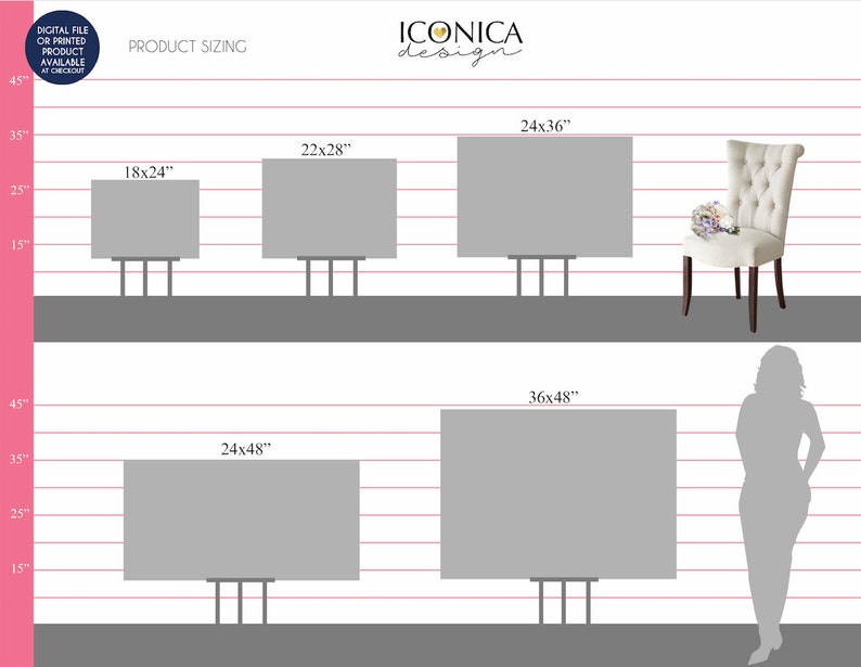 May include: Image showing product sizing options: 18x24", 22x28", 24x36", 24x48", and 36x48". The text "PRODUCT SIZING" is displayed. A decorative chair is on the right. The text "DIGITAL FILE OR PRINTED PRODUCT AVAILABLE AT CHECKOUT" is in the upper left corner.