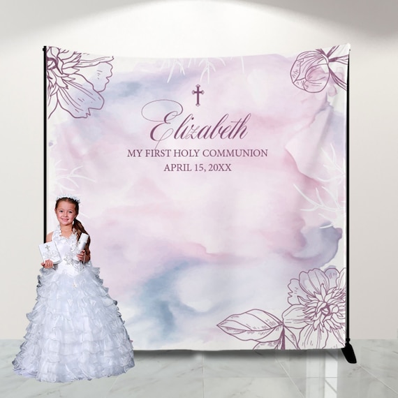 First Communion Banner Personalized, Floral Lavender Watercolor Backdrop, Floral Lavender First Communion Photo Backdrop, Religious Backdrop Il_570xn