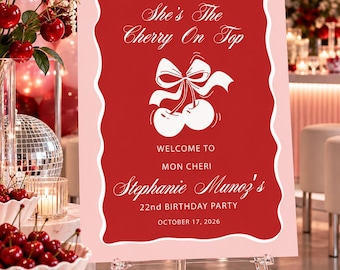 Cherry Bridal Shower Welcome Sign, Custom "She's the Cherry On Top" Personalized Printed Poster