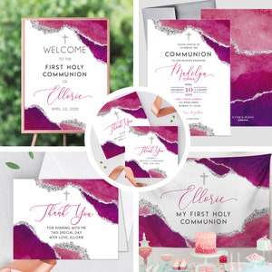 Eerste Communie Uitnodiging Meisje Elegant Geode Event Paper Set, Geode Hot Pink Communie Collectie, Elk Religieus Evenement, meer kleuren beschikbaar