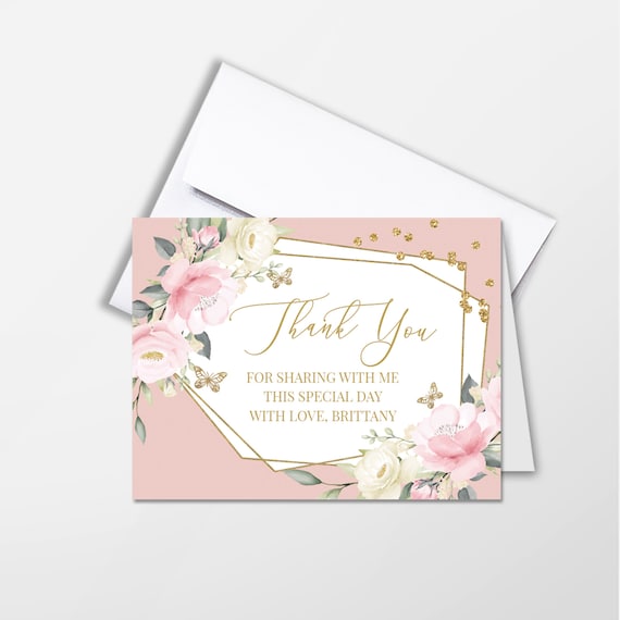 Thank You Cards set Of 10 A2 Folded Cards Printed, Pink Floral and butterflies Cards ,Faux Gold Glitter,White A2 Envelopes Included Il_570xn
