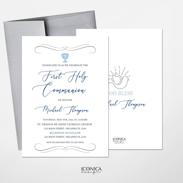 First Communion Invitations, Boys Communion Invitations, Religious Events, Chalice and Dove Invitation, Printed Or Printable File IFC0013