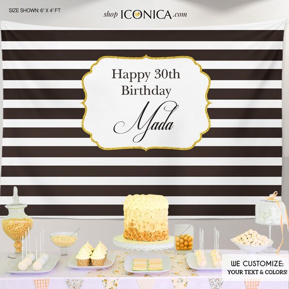 30th Birthday Party Backdrop, Black And White Stripes Gold - Birthday Backdrop Any Age Or Event - Printed Or Printable File Bbd0052 Il_570xn