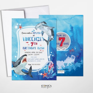 Convite de aniversário do tubarão | Decorações de aniversário de tubarão | sob o cartão de aniversário do mar | Qualquer idade | Convite para festa de verão