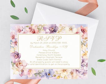 Floral Orchid Insert Card 3.5x5" Printed cards, Lilac RSVP Cards with envelopes