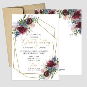 Wedding Invitation Fall Floral Invitation Blush Burgundy and Dusty Blue Floral Design Printed Cards or Electronic Invite