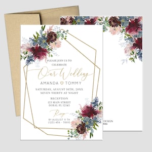 Wedding Invitation Fall Floral Invitation Blush Burgundy and Dusty Blue Floral Design Printed Cards or Electronic Invite