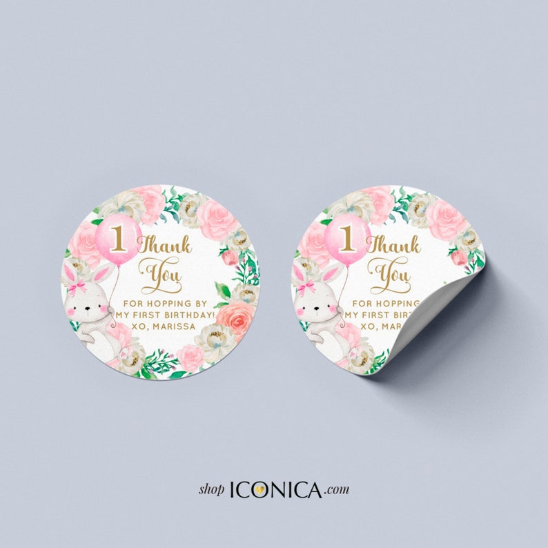 Some bunny is ONE stickers 2in personalized any ageEaster Bunny Labels printed Floral Pink Cute Bunny birthday party any text