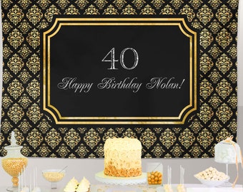 Black & Gold Damask 40th Birthday Backdrop – Elegant Party Banner