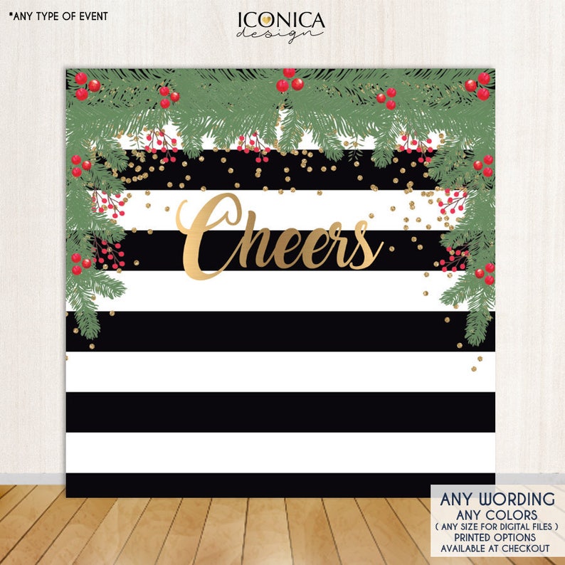 Christmas Party backdrop, Holiday Decor, Holiday Party Backdrop, Cheers vinyl Backdrop, Festive Wreath Banner, Printed or Printable BHO0012 image 1