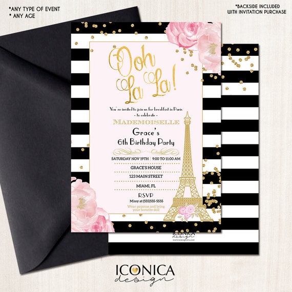 Paris Invitation, French Birthday Invitation, BLACK and WHITE Stripes