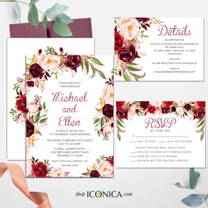 Hochzeitseinladung Florale Herbst rote und rosa Einladung Burgunder Florale Einladung gedruckte Karten oder elektronische Einladung {Brigitte Collection}