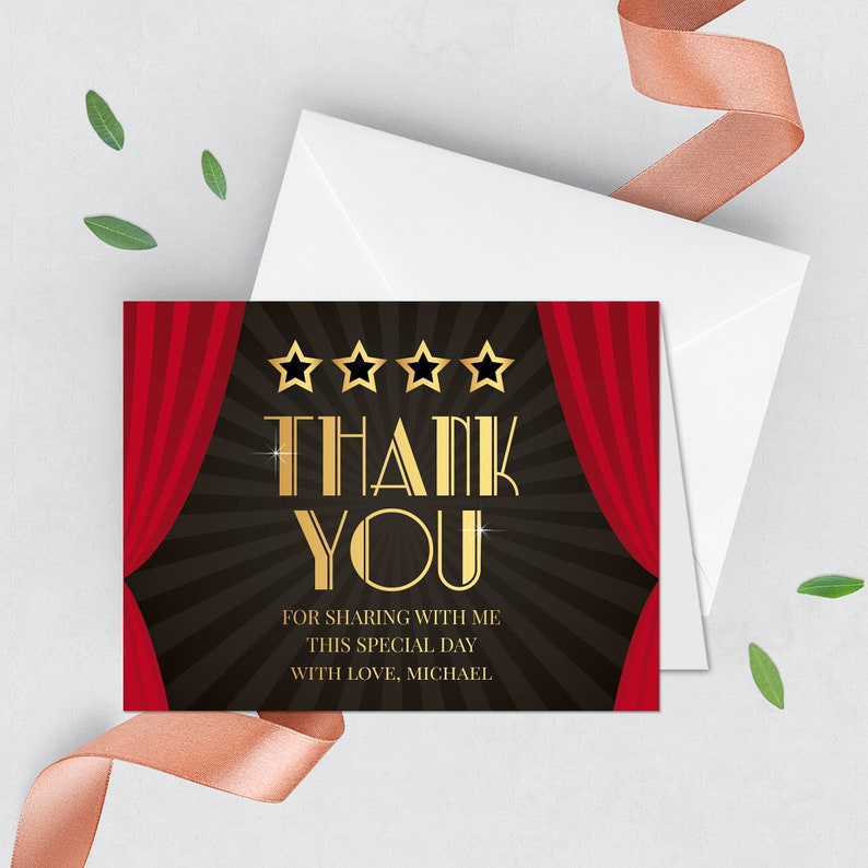 Hollywood theme Thank You Cards set Of 10 A2 Folded Cards Printed, Hollywood Red Carpet Cards,White A2 Envelopes Included,Oscars Movie Theme image 1