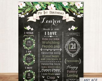 Floral First Birthday Chalkboard Sign, 1st Birthday Party Sign, Greenery  Milestones Poster, Garden Party, Printed Or Printable File CBD0029