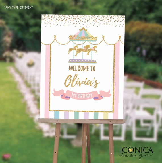 Carousel First Birthday Welcome Sign , Carnival 1st Birthday Sign, Girl Circus First Birthday Sign, Any Age, Printed Or Digital File SWBD004 Il_570xn