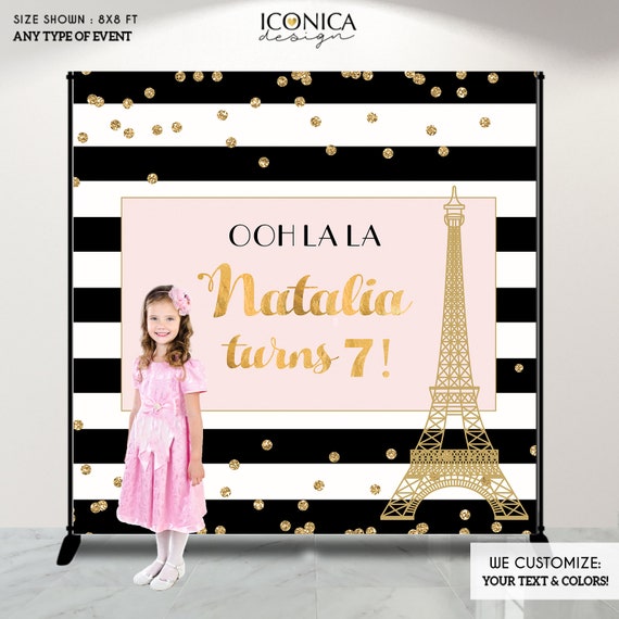 French Birthday Backdrop - Floral Party Backdrop - Black And White Stripes Banner, Any Event Gold Confetti Printed Or Printable File Bbd0046 Il_570xn