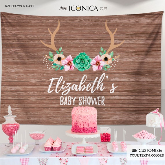 Rustic Baby Shower Backdrop,Antlers Succulents Backdrop,Woodland Baby