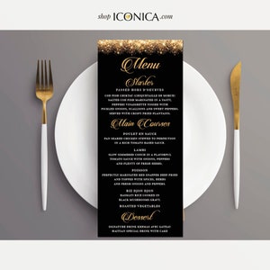 Art Deco Menu, black and gold menu,Black and Gold Menu Card, Printable File or Printed Menu, Engagement Party, Weddings, Anniversary