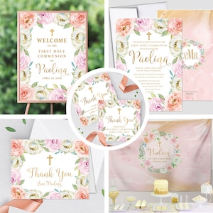 Eerste Communie Uitnodiging Meisje Elegant Event Paper Set, Roze Paarse Perzik Bloemen en Gemarmerde Design Communie Collectie, Elk Evenement