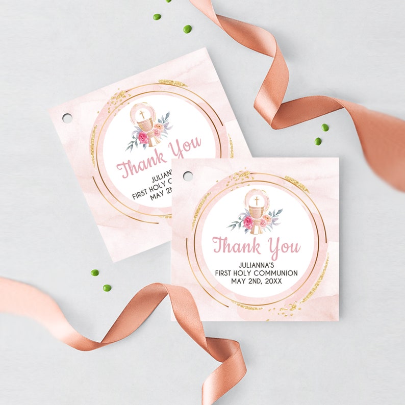 First Communion Invitation Girl Elegant Communion Decorations for Girl Event Paper Set, Pink Gold Chalice Floral Watercolor Design image 5