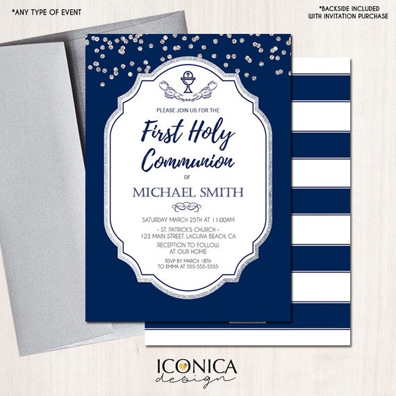 First Communion Invitation Navy Blue And Silver Invite Silver Glitter Baptism Party Invite Printed Or Printable File Free Shipping Ifc0007 Il_570xn