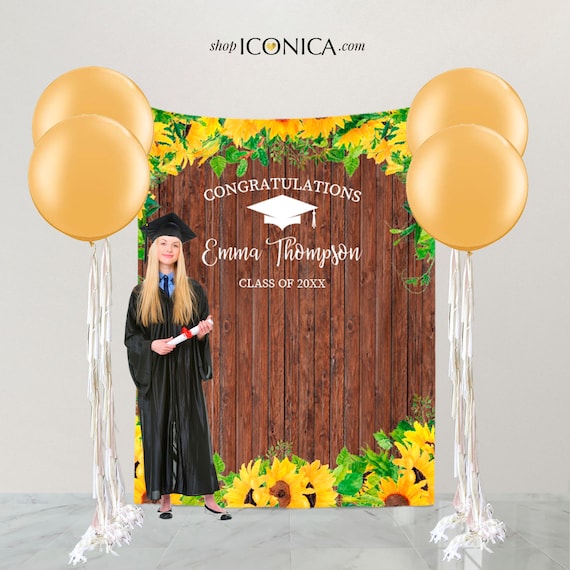 Graduation Party Photo Backdrop, Rustic Graduation Party Step and Repeat, Rustic Decorations for Virtual Graduations, Sunflowers Backdrop Il_570xn