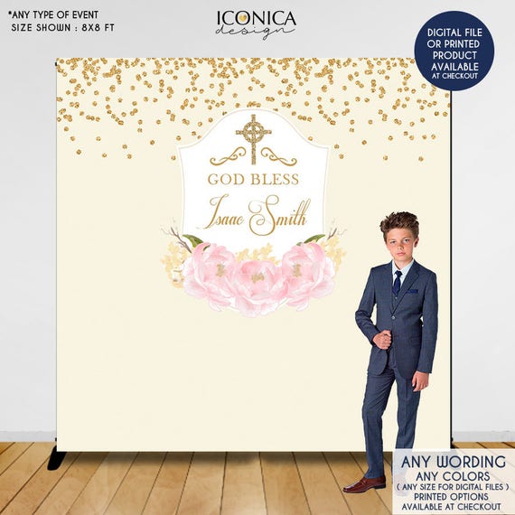 First Communion Backdrop, Ivory Religious Banner Floral First Communion Banner Pink Peonies, Religious Backdrop,Printed Or Printable,BAR0005 Il_570xn