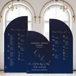 May include: Navy blue wedding seating chart with gold lettering and a starry night design. The chart includes the names of the wedding party and the date. The text reads "Please find your seat" and "We waited 266 days for today. Party accordingly."