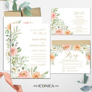 Florale Hochzeitseinladung Pink Pfirsich Aquarell Blumeneinladung Duscheinladungen gedruckte Karten oder elektronische Einladung-Sarah Collection