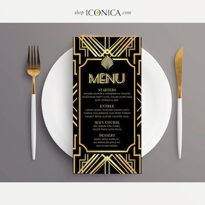 Art Decor Menu,Roaring 20's menu,Black and Gold Great Gatsby Menu Card,Printable File or Printed Menu,Engagement Party,Weddings,Anniversary