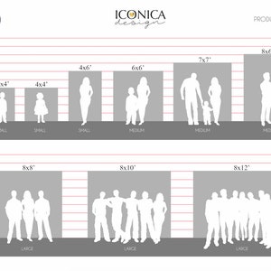 May include: A chart showing different sizes of backdrops for photography, with silhouettes of people to show scale. The sizes range from 3x4 feet to 8x12 feet.